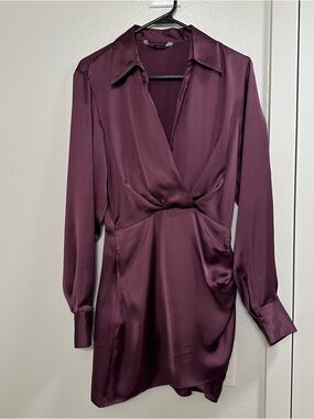Zara Satin Plum Long Sleeve Wrap Dress